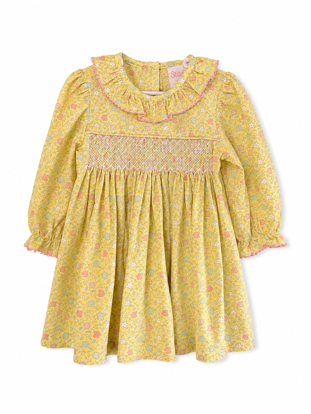 Stitchy Fish Smocked Floral Dress 18M Yellow Long Sleeve EUC